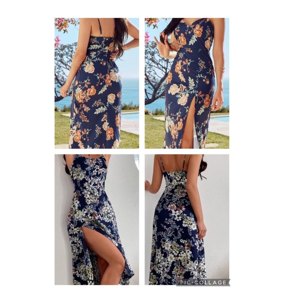 2 silk like floral thin strap dress zip up back high slit dresses